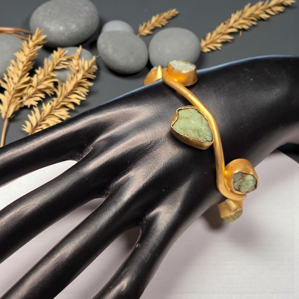 18k Gold Plated Artisan Swirl Raw Natural Amazonite Cuff Bangle Bracelet